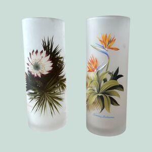 Tommy Bahama Tall Frosted Glasses Set Tropical Bird of Paradise Palm Highball